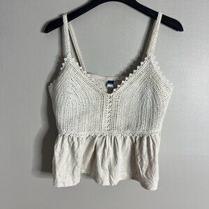 Old Navy Crochet Top Size Medium Peplum Boho Spaghetti Strap V-Neck Oatmeal